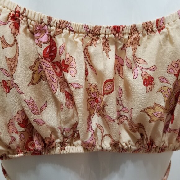 Rusttydustty top Large floral print cropped puff sleeve cutout tie back boho - Picture 8 of 13